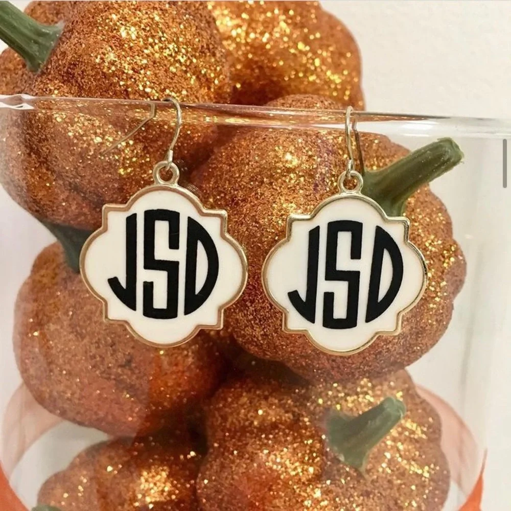Custom Monogram Earrings Dangly Quatrefoil Cream Gold Pink Black Silver White